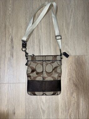 Coach Small Signature Crossbody in Brown and Cream